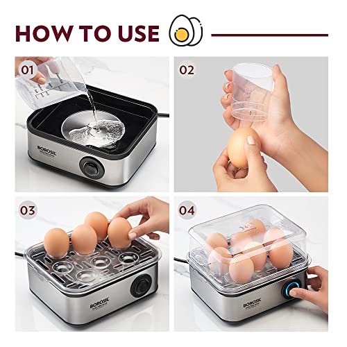 Borosil Electric Egg Boiler, 8 Egg Capacity, For Hard, Soft, Medium Boiled Eggs, Steamed Vegetables, Transparent Lid, Stainless Steel Exterior (500 Watts)