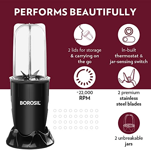 Borosil Plastic Nutrifresh Pb31 Portable Mini-Blender & Grinder, 500 Ml Blending Jar, 300 Ml Chutney Jar, For Blending Smoothies & Chutneys, Dry Grinding Spices, Black, 400 W, 400 Watt
