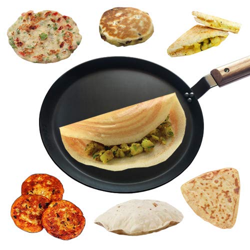 amicus Kitchen Premium Iron Tawa for Dosa Roti Chapati, Flat Iron Tava with Wooden Handle, Induction Friendly,10 Inch,1.2 Kg, Black