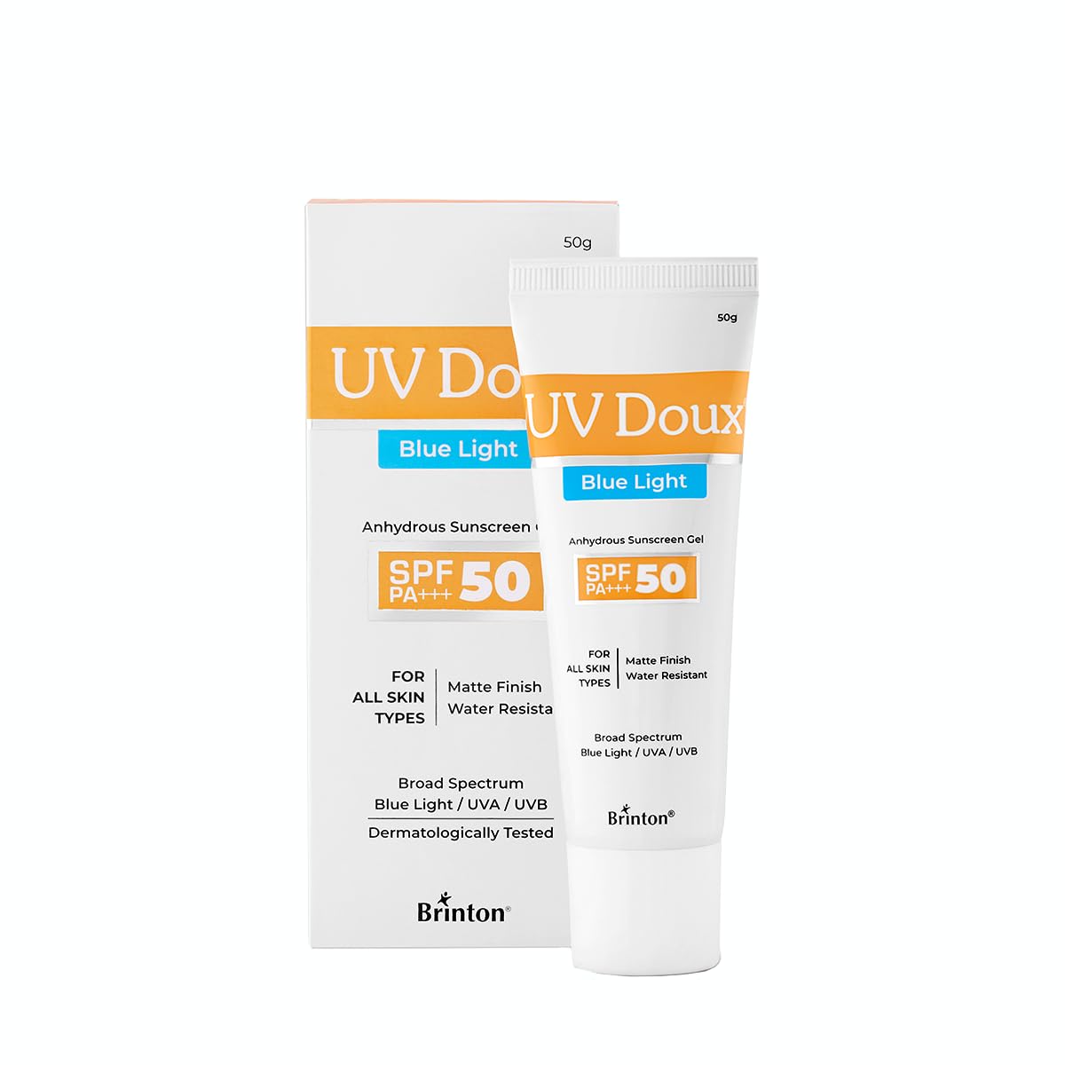 Brinton UV Doux Blue Light Sunscreen Protection Gel SPF 50 PA+++ UVA/UVB for Men & Women | Matte Finish & Water Resistant | For All Skin Types, 50g