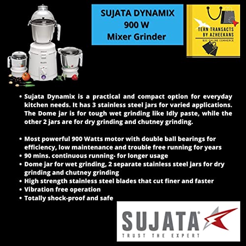 Sujata Dynamix, Mixer Grinder, 900 Watts, 3 Jars (White)