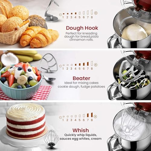 Taurus Stand Mixer 1200W with Copper Motor|5.3L SS Bowl |Metal Gear for Stability|8 Speed Setting Includes Whisking Cone, Mixing Beater,Dough Hook & Splash Guard|Dough Atta Maker Machine (Mixing Chef)