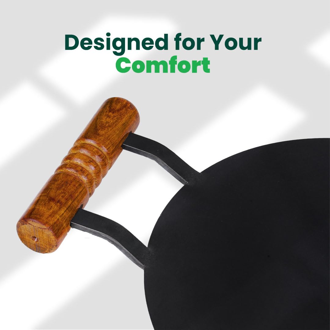 The Indus Valley Pre-Seasoned Round Iron Tawa with Wooden Handle | 12inch/30.4cm - 3.22kg | Induction Friendly | Pre-Seasoned Tawa, 100% Pure & Toxin-Free, No Chemical Coating