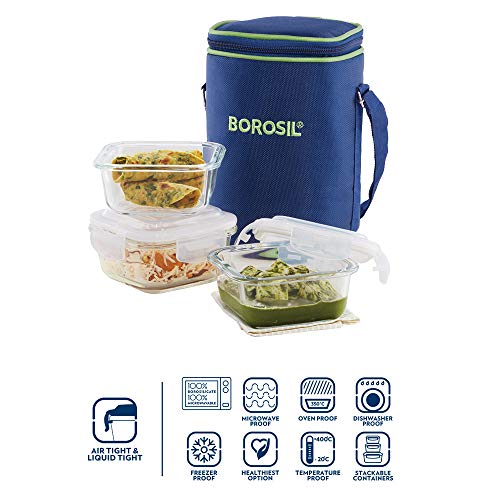 Borosil - Glass Lunch Box Set of 3, 320 ml, Microwave Safe Office Tiffin (12 x 12 x 6.5 cm, Transparent)
