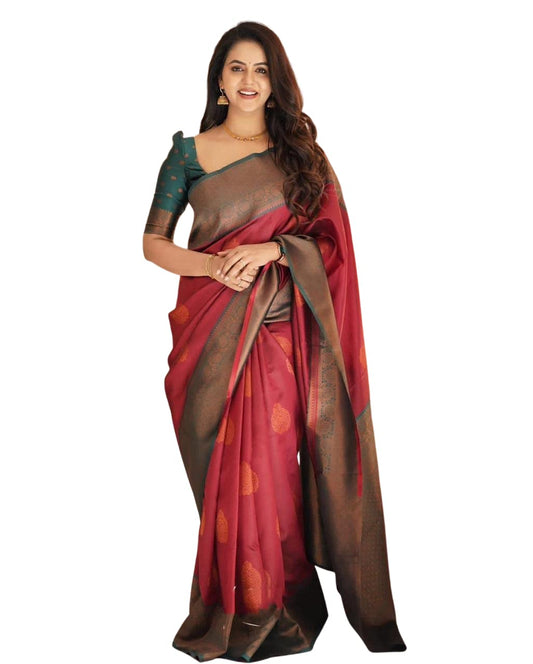 SGF11 Women's Kanjivaram Soft Lichi Silk Saree With Blouse Piece (Maroon)