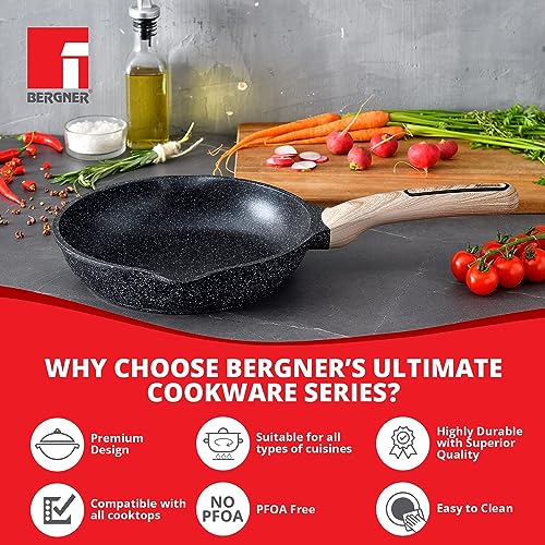 BERGNER Ultimate ILag Marble Non Stick Frypan/Frying Pan, 24 cm, 1.8 litres, Induction Base, Wooden Soft Touch Handle, Food Safe (PFOA Free), Thickness 4.5mm, 1 Year Warranty, Grey