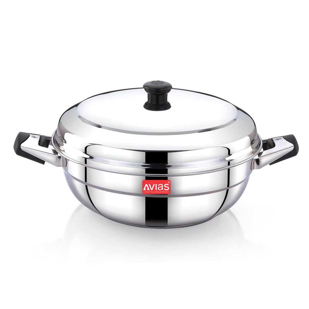 AVIAS All Rounder Premium Stainless Steel Induction Friendly Multipurpose Kadai, Kadhai Set with 6 Plates (1 Mini Idly Plate, 2 Big Idli Plates-14 Idlies, 2 Dhokla Plates, 1 Steamer Plate)