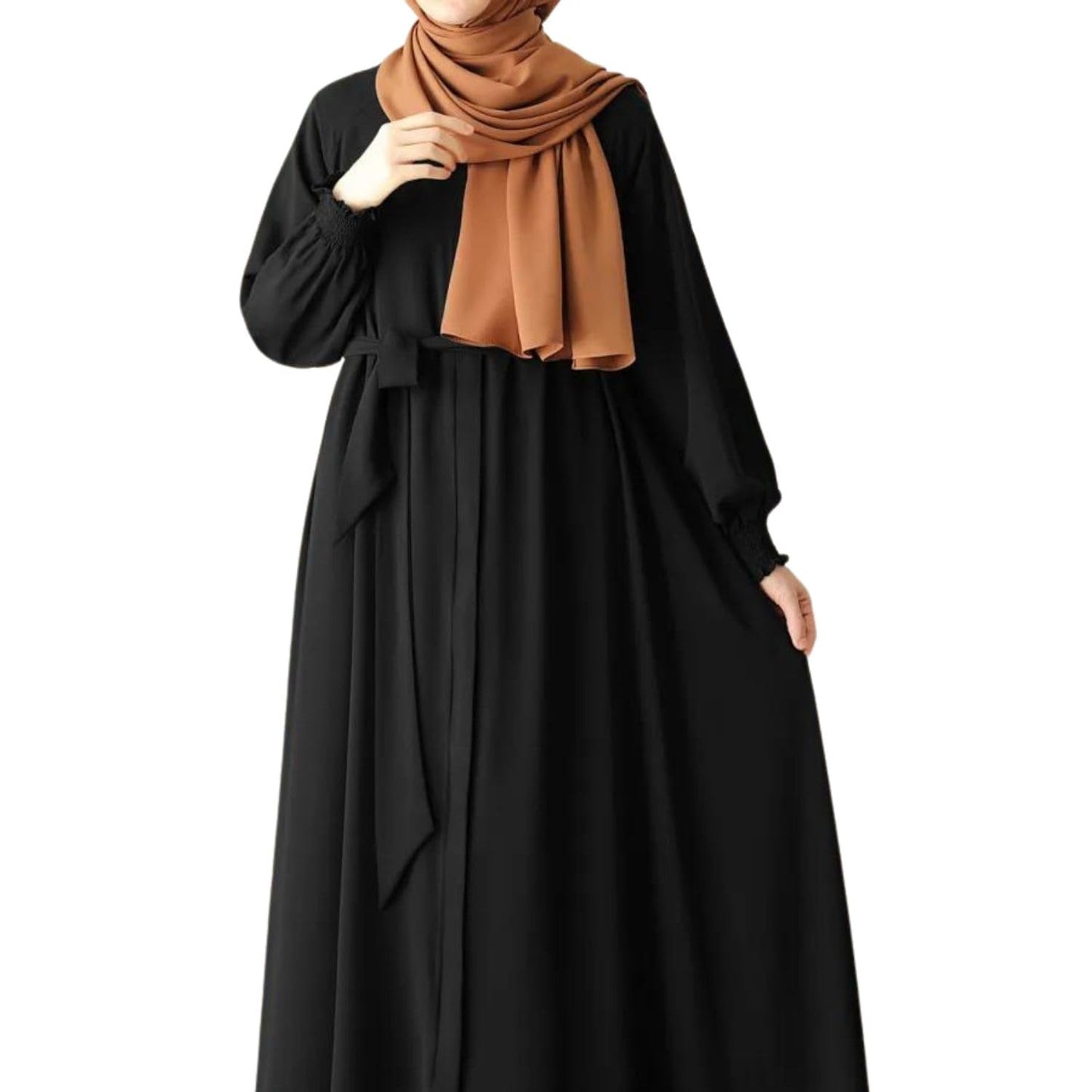 Bashariya Front Open Zipper Abaya n Firdaus Fabric |Smocking Sleeves |Fabric Belt| and Complimentary Hijab (XXL, Black)