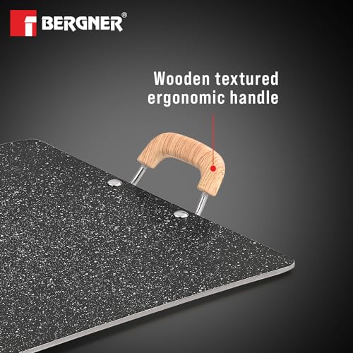 Bergner Bellini Plus Aura 5-Layer Non-Stick 30cm Pathri Tawa, Flat Rectangle Pathri Tawa with Soft Touch Wooden Finish Handle, PFOA Free, 4mm Thickness, Induction Bottom, Black