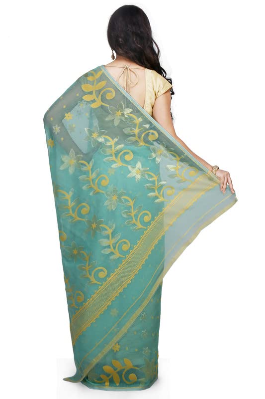 BENGAL HANDLOOM Women's Cotton Silk Flower Dhakai Allover Soft Jamdani Sarees, Blue