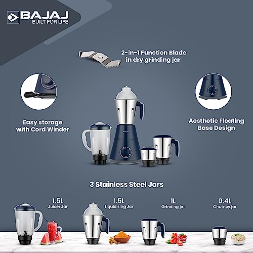 Bajaj Ninja Series Trinity 750W 4 Jar Mixer Grinder| DuraCut Blades by Bajaj|Powerful 750W Titan Motor| 3-SS Jars & 1 Juicer Jar| 5-Yr Warranty by Bajaj| Royal Blue