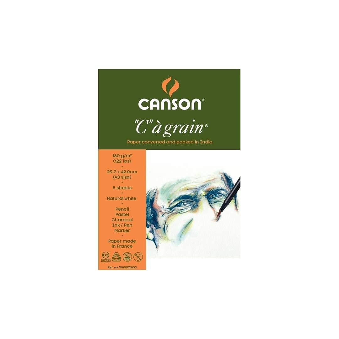 Canson C à Grain Drawing 180 GSM Fine Grain A3 Paper Sheets (Natural White, 5 Sheets x Pack of 3) (CN200021110P3)