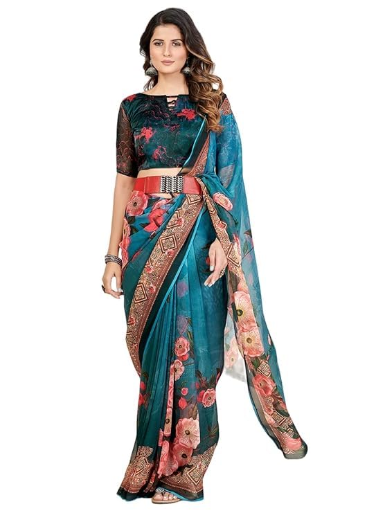 Shopgarb Women's Elegant Digital Floral Printed Sari with Blouse (SH-22 -Green-Designer-Floral-Party-Wedding-Saree, Free Size)