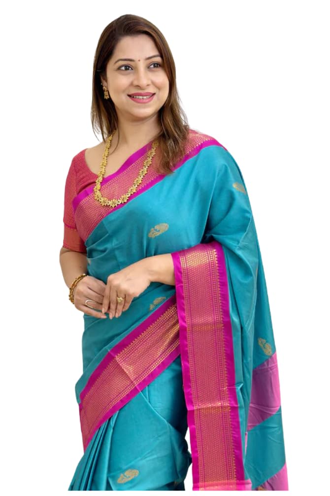 SGF11 Women's Kanjivaram Soft Lichi Silk Saree With Blouse Piece (Light Blue Pink)