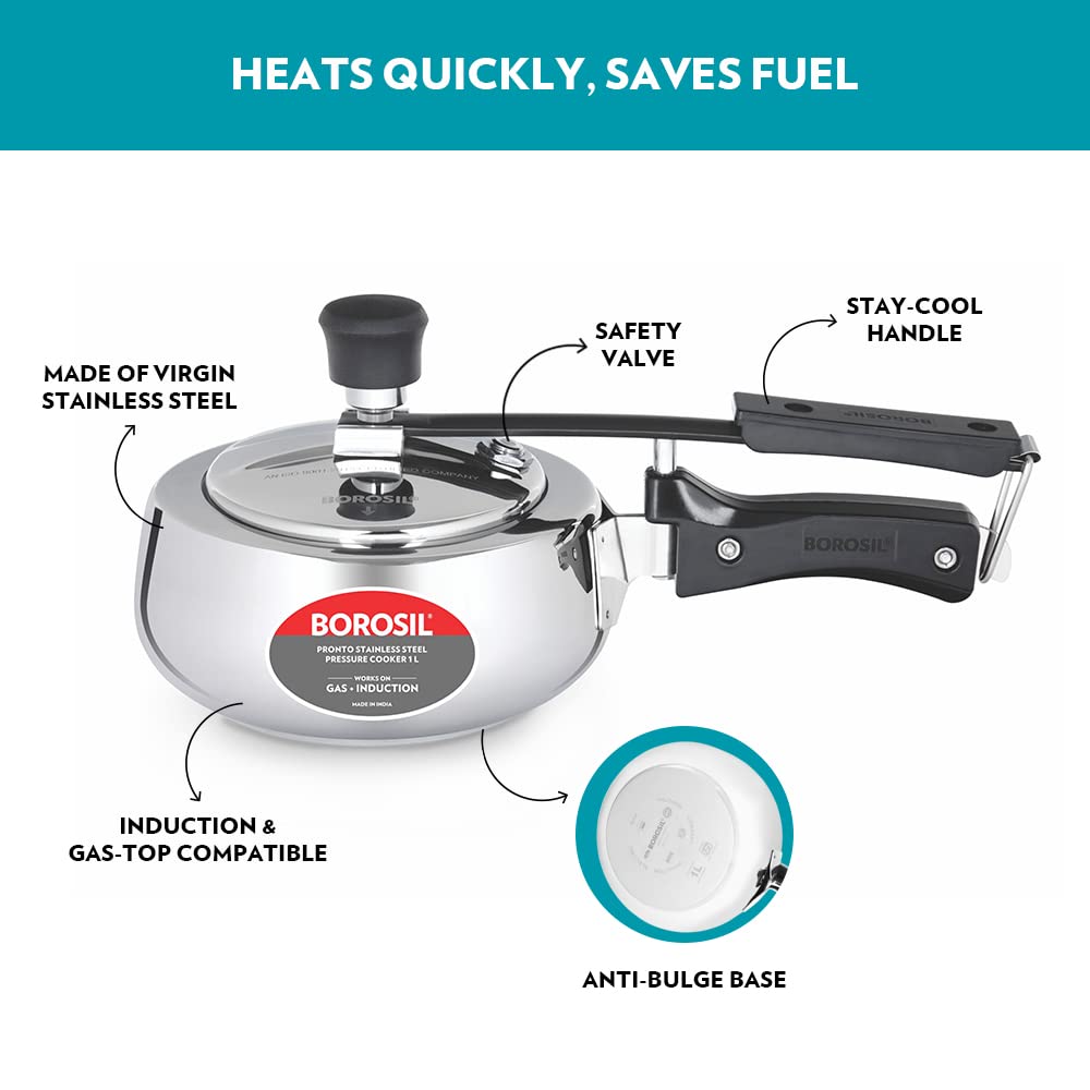 Borosil Pronto 1 L Inner Lid Stainless Steel Pressure Cooker | 6.8 mm Thick Base, Even Heat Distribution | Gas & Induction Campatible | 5 Years Warranty