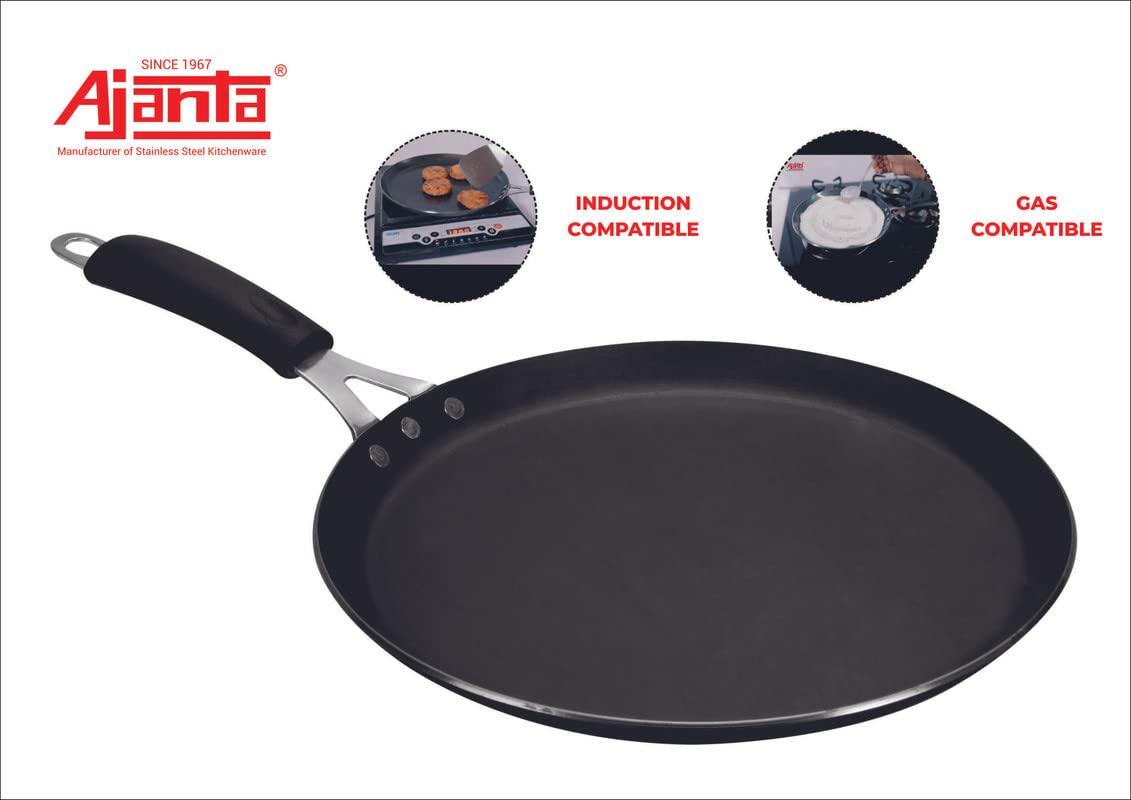 AJANTA Iron DOSA TAWA (11 inch, 3 MM Thickness) for Dosa/Roti/chapati| Gas and Induction Friendly | Non Toxic | Naturally Nonstick| Pure Iron Cookware