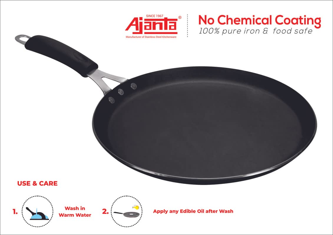AJANTA Iron DOSA TAWA (11 inch, 3 MM Thickness) for Dosa/Roti/chapati| Gas and Induction Friendly | Non Toxic | Naturally Nonstick| Pure Iron Cookware