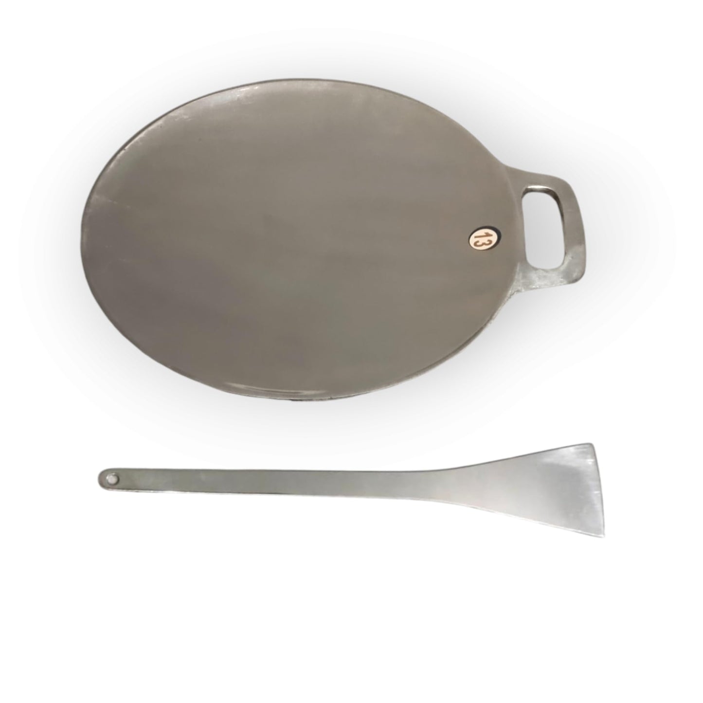 Trishav Indolium Dosa Kallu | Indolium Polished Dosa Tawa - Single Handle Dosa kal - 13 Inch with Stainless Steel Classic Palta-Turner- Silver