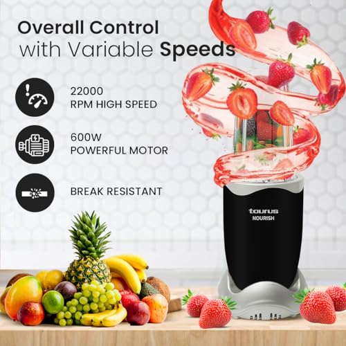 Taurus Nourish Mixer Grinder|5 Jar&2 Storage Jar For Smothies,Coffee,Dry fruits & Wet Grinding|600 W,Copper Motor|3 Blades Including Froth Blade with 2 Sipper & 1 Seasoning Cap|2 Yr Warranty