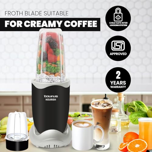 Taurus Nourish Mixer Grinder|5 Jar&2 Storage Jar For Smothies,Coffee,Dry fruits & Wet Grinding|600 W,Copper Motor|3 Blades Including Froth Blade with 2 Sipper & 1 Seasoning Cap|2 Yr Warranty