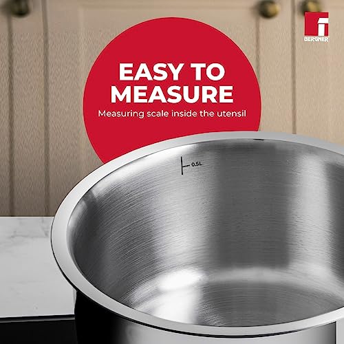 BERGNER Tripro Triply Stainless Steel Saucepan/Tea Pan/Milk Pan, 14 Cm, 1.2 LTR, Chai Pan Without Lid, Induction and Gas Ready, Heavy Bottom, Long Stay Cool Handle, Silver,Polished, 1.2 Liter