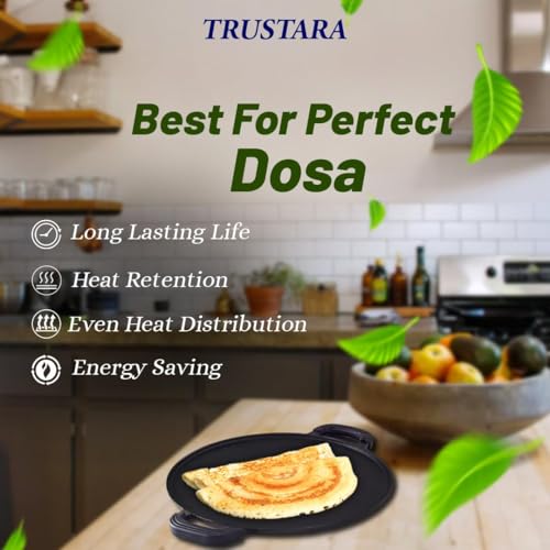 TRUSTARA Premium Cast Iron Tawa - 29cm, 2.6kg | 6-Layer Pre-Seasoned Natural Oil Coating, Non-Stick Tawa for Dosa, Uthappam, Roti, Chapati, Naan, Gas & Induction Friendly |7 Years Warranty =A22