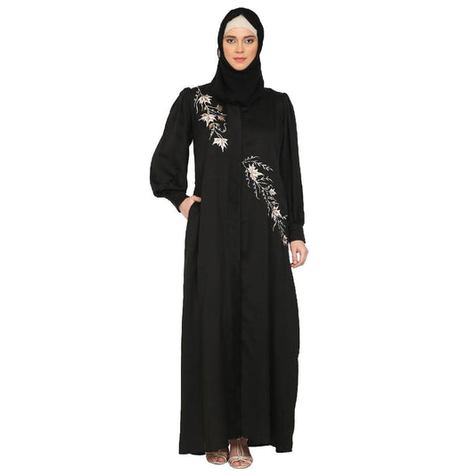 BT - Being Traditional Women’s Front Open Embroidery Abaya in Dubai Nida Fabric with Long Cuff Sleeves & Side Pocket (BT-EFOA-001) (L, Black)