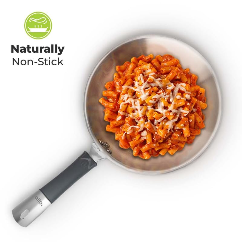 Allo Stainless Steel Triply Fry Pan/Skillet for Curry/Stir-Fry/Deep-Fry/DryVeg/Sauté/Cooking Induction Friendly, Naturally Non-Stick with Handle Steel Pan | 10 Years Warranty, 24cm, 2 litres
