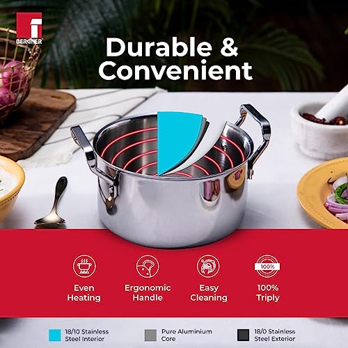 Bergner Tripro Triply Cook and Serve Casserole/ Biryani Pot/ Handi with Stainless Steel Lid, 28 cm, 3.8 Litres, Heavy Bottom Induction and Gas Ready, New Improved Handles for firmer Grip, Silver