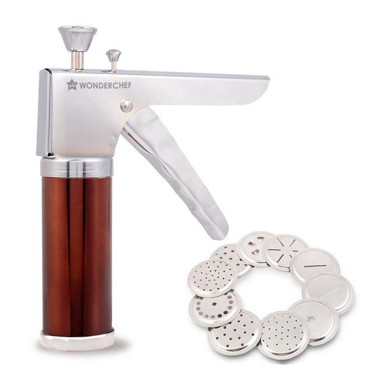Wonderchef Snacks Maker with 12 Different jalis, Stainless Steel Plates for Making Sev, Bhujiya, Papdi, Gathiya, Murukku, Chakli, Kitchen Tool for Making Namkeen Snacks, Farsan Maker