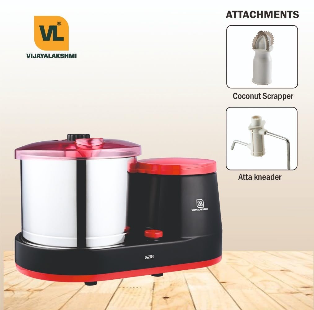 VIJAYALAKSHMI | Dezire 2 Litre | Heavy ABS Body Wet Grinder, 2L (Black & Red) | with Coconut Scrapper & Atta Kneader Attachment.