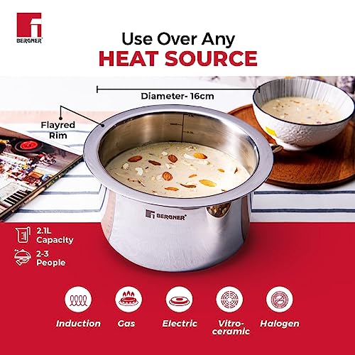 BERGNER Tripro Triply Stainless Steel Tope/Patila with Stainless Steel Lid, 16 cm, 2.1 Litre, Induction Base, Silver