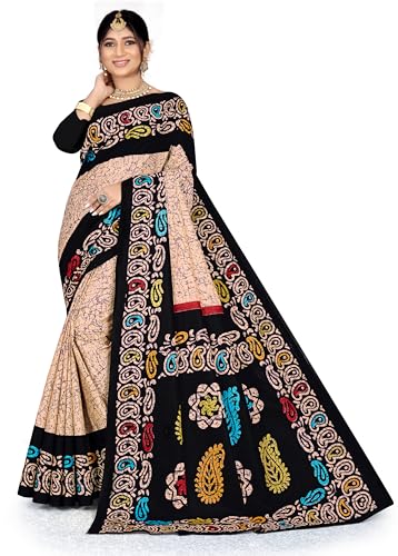 Women's - Regular Sari - Printed Pure Cotton Sari Black::Multicolor Saree With Unstitched Blouse Piece