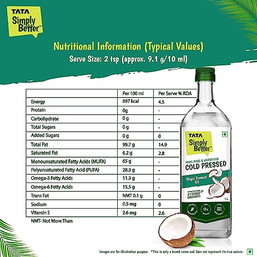 Tata Simply Better Pure and Unrefined Cold Pressed Virgin Coconut Oil, Naturally Cholesterol Free, Kolhu/Kacchi Ghani/Mara Chekku/Ganuga, 1L, Rich Aroma & Flavour of Real Coconuts, A1 Grade Coconuts