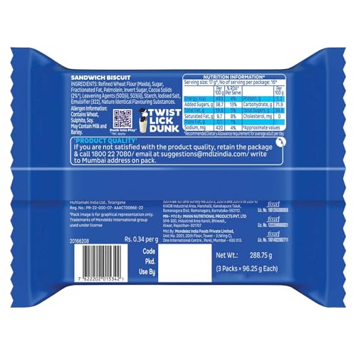 Cadbury Oreo Vanilla Flavour Creme Sandwich Biscuit Family Pack, 275.55 g