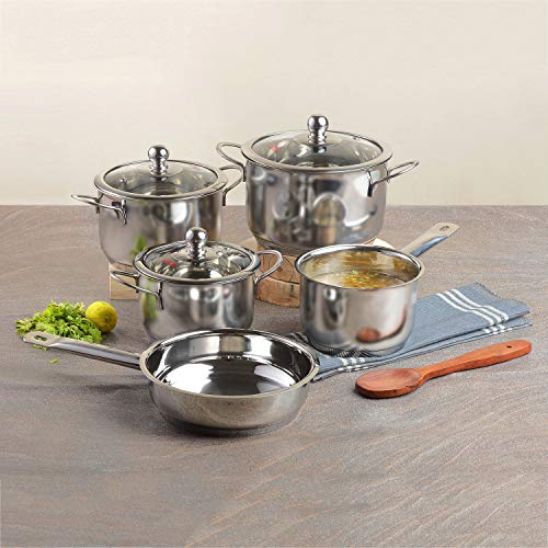 Vinod Stainless Steel Induction Friendly Tuscany Set 5 Pieces - Saucepan (14 cm/1.3 Litre), 3 Cassseroles (14 cm,16 cm & 18 cm/1.3,2 & 2.8 Litre), Frypan (18 cm) & 3 Glass Lids