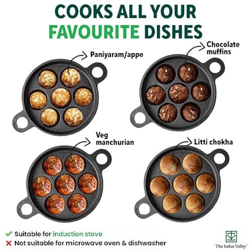 The Indus Valley Super Smooth Cast Iron Paniyaram Pan | 7Pit, 19Cm/7.4 Inch, 2.2Kg | Induction Friendly | Nonstick, Pre-Seasoned Appe/Paddu Pan, 100% Pure & Toxin-Free, No Chemical Coating - Black