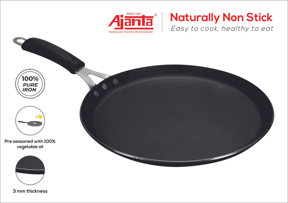 AJANTA Iron DOSA TAWA (11 inch, 3 MM Thickness) for Dosa/Roti/chapati| Gas and Induction Friendly | Non Toxic | Naturally Nonstick| Pure Iron Cookware