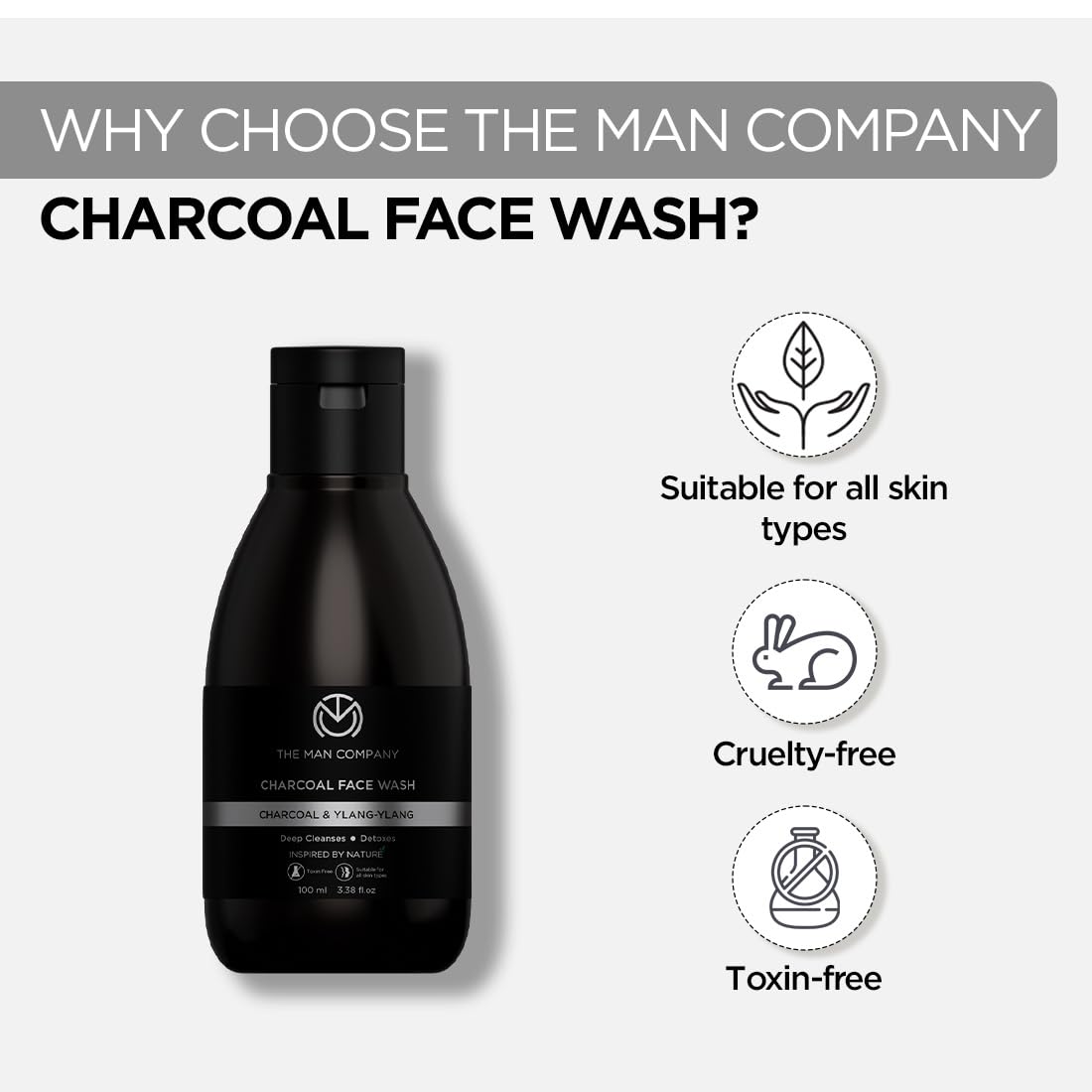 The Man Company Activated Charcoal Face Wash for Men - 100ml | Exfoliating & Brightening Cleanser | Enriched with Ylang Ylang & Argan Essential Oils | Anti Pollution Acne Oil Control | Deep Cleansing | Blackheads Removal