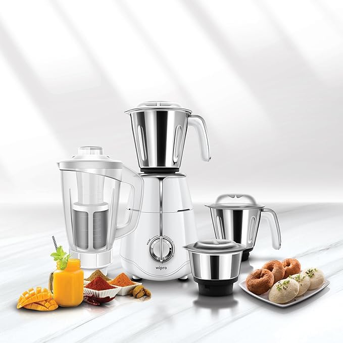 Wipro Elato FMG207 1000 Watt Mixer Grinder with 4 Jars(Wet Grinding Jar (1.5 L) + Dry Grinding Jar (1.2 L) + Chutney Jar (0.5 L) + Juicer (1.2 L)), 100% Copper Motor, 5 Years Motor Warranty,White