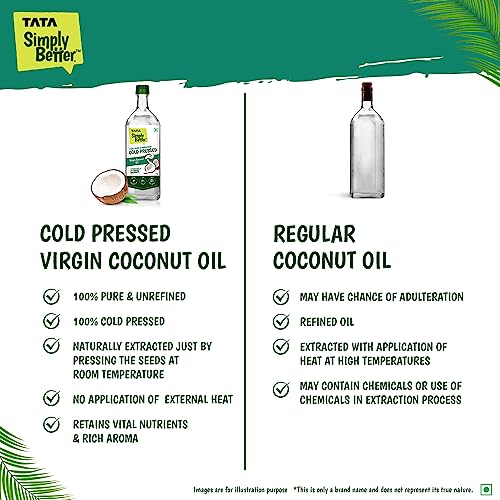 Tata Simply Better Pure and Unrefined Cold Pressed Virgin Coconut Oil, Naturally Cholesterol Free, Kolhu/Kacchi Ghani/Mara Chekku/Ganuga, 1L, Rich Aroma & Flavour of Real Coconuts, A1 Grade Coconuts