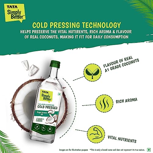 Tata Simply Better Pure and Unrefined Cold Pressed Virgin Coconut Oil, Naturally Cholesterol Free, Kolhu/Kacchi Ghani/Mara Chekku/Ganuga, 1L, Rich Aroma & Flavour of Real Coconuts, A1 Grade Coconuts
