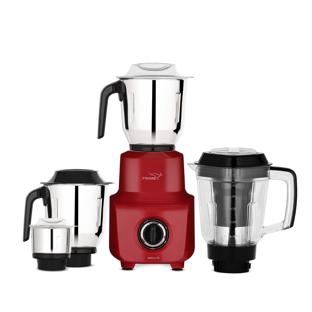 V-Guard Brillio 750 Watt Juicer Mixer Grinder, 3 Year Motor Coverage by V-Guard, 4 Jars(Chutney, Dry, Wet & Juicer), Sturdy Juicer Jar With Quadraflow Design, Precisionblend Ss Blades, Mars Red