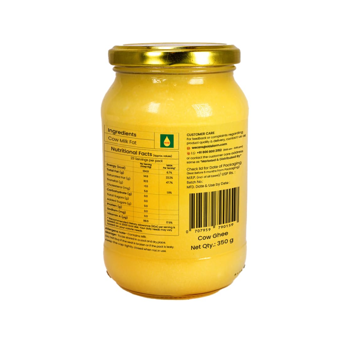 Sid’s Farm Cow Ghee - 350g | Aromatic and Granular | Made With Safe Tested Milk | Free From Antibiotics, Preservatives and Induced Hormones | Glass Jar