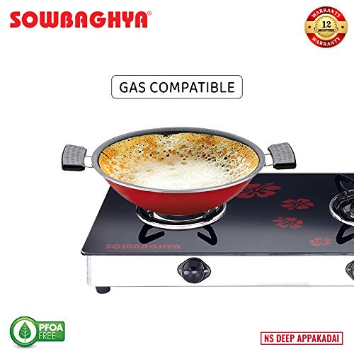 SOWBAGHYA Non Stick Aluminium Deep Appakadai - Red - Appam Maker Non Stick with Lid - Appam Chatty Non Stick - Appachatti - Appam Kadai - Ideal for Indian Cooking (Aluminium, 2.6 mm Thickness)