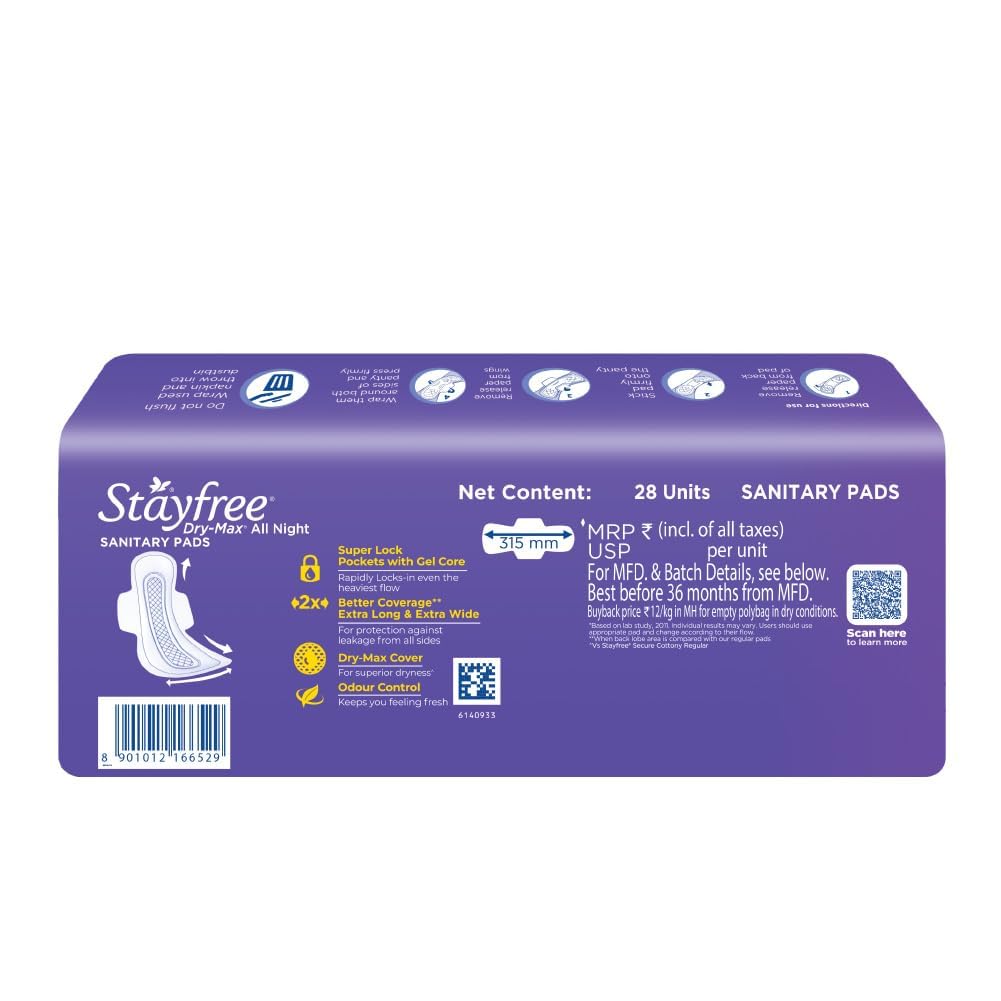 Stayfree Dry Max All Night XXL (28 pads) Dry Cover Sanitary Pads For Women With Wings