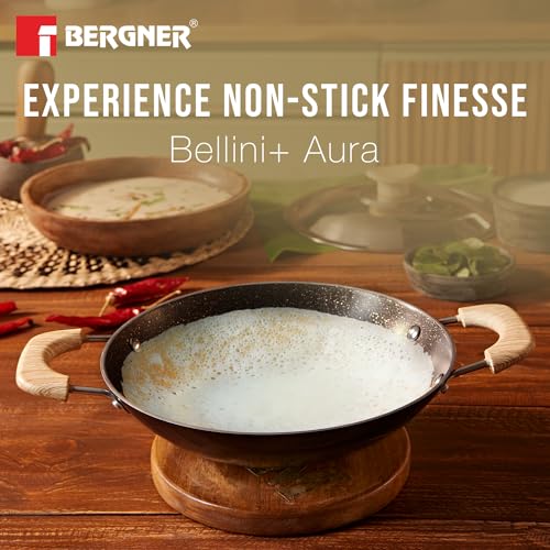 Bergner Bellini Plus Aura 5-Layer Non-Stick 20 cm Appachetty with Stainless Steel Lid, Wooden Finish Soft Touch Handle, Even Heat Distribution, PFOA Free, Gas Stove Compatible - Black