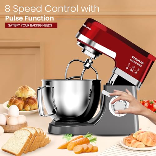 Taurus Stand Mixer 1200W with Copper Motor|5.3L SS Bowl |Metal Gear for Stability|8 Speed Setting Includes Whisking Cone, Mixing Beater,Dough Hook & Splash Guard|Dough Atta Maker Machine (Mixing Chef)