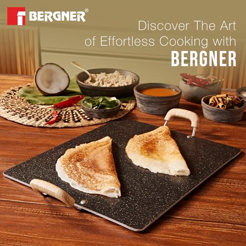 Bergner Bellini Plus Aura 5-Layer Non-Stick 30cm Pathri Tawa, Flat Rectangle Pathri Tawa with Soft Touch Wooden Finish Handle, PFOA Free, 4mm Thickness, Induction Bottom, Black