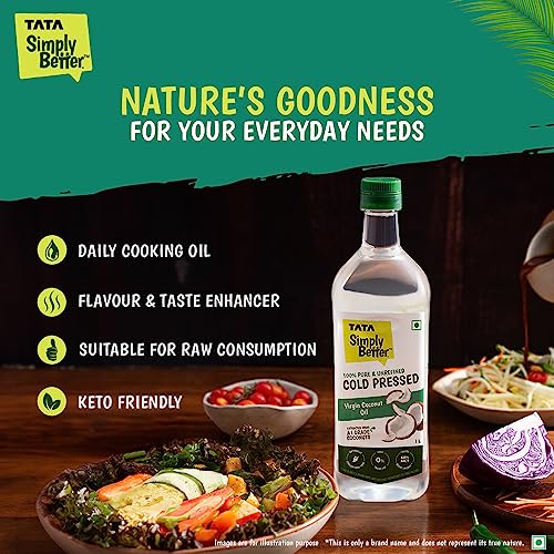 Tata Simply Better Pure and Unrefined Cold Pressed Virgin Coconut Oil, Naturally Cholesterol Free, Kolhu/Kacchi Ghani/Mara Chekku/Ganuga, 1L, Rich Aroma & Flavour of Real Coconuts, A1 Grade Coconuts
